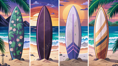 set of summer beach scene vector banner with a surfboard standing upright on soft sand, a small island in the distance	