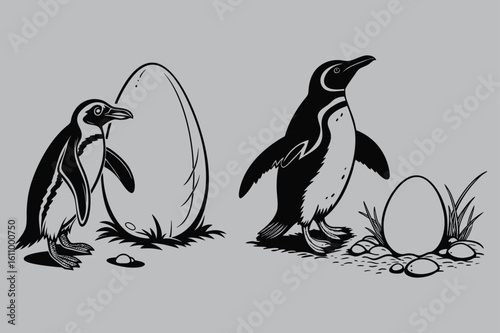 Penguin Protecting Egg Silhouette vector design art and illustration
