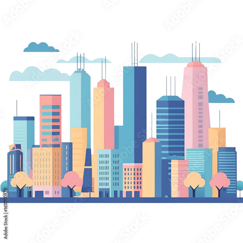 Flat Design Vector of Modern Urban Cityscape with High-Rise Buildings