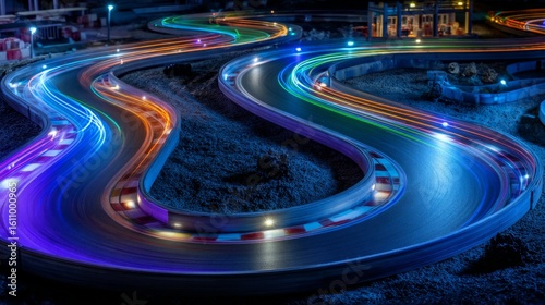 an indoor go karting track illuminated with vibrant neon lights that create an atmosphere of speed and fun