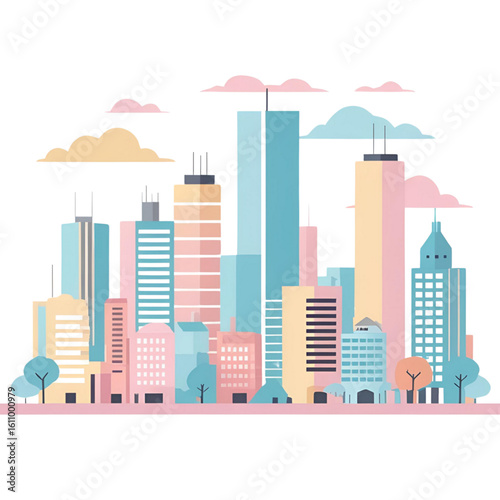 Flat Design Vector of Modern Urban Cityscape with High-Rise Buildings