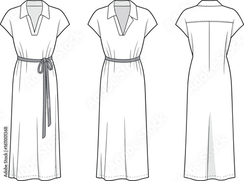 CAD drawing flat vector illustration of stylish dress, short sleeves, V-neck, waist tie, front, back, side view, 