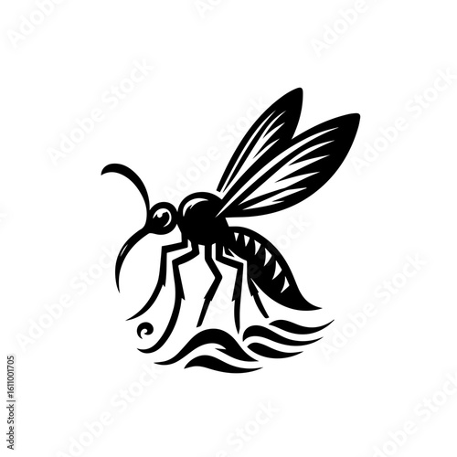 A black silhouette of a mosquito hovering over water