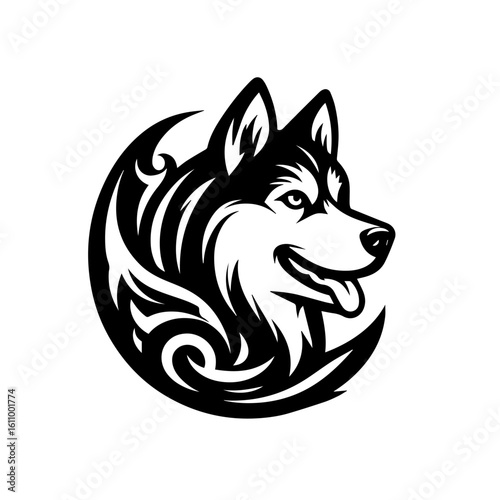 Stylized husky dog head with tribal elements