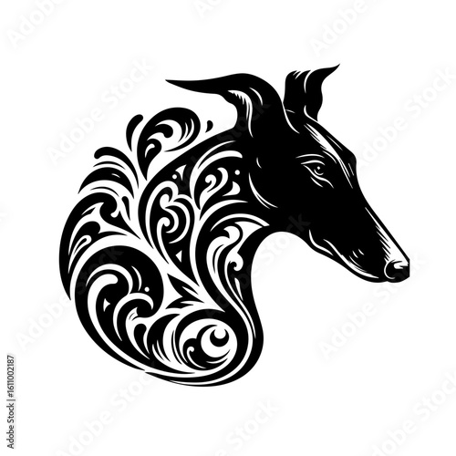 Stylized dog head with ornate swirling patterns