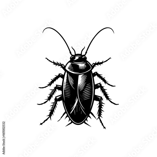 A detailed black and white illustration of a cockroach