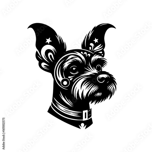 Stylized schnauzer dog head with ornate details