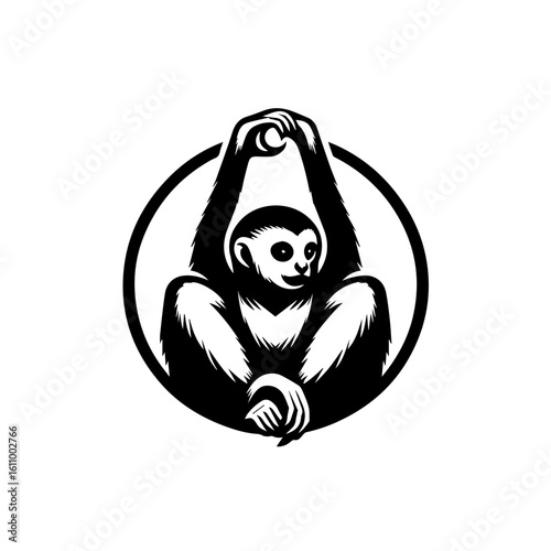 A stylized black and white illustration of a monkey