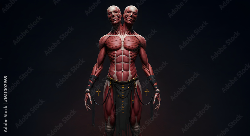 Fototapeta premium A muscular figure with two heads, the anatomy detailed. It stands facing the viewer with dark attire and gold cross embellishments. A dark background.
