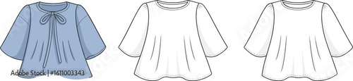 CAD drawing flat vector illustration of stylish women's blouse designs, trendy sleeve shapes, elegant neckline details, casual fashion garment template layout