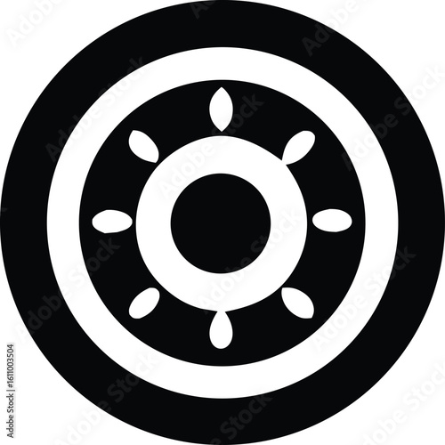 A striking black and white abstract circular design featuring concentric rings and radiating petal like shapes creating a visually captivating pattern