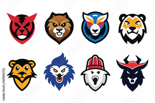 Vector art of a set of cartoon animal mascot logo designs isolated on white background