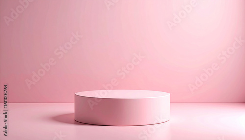 Empty space with a pedestal for exhibition against a pink isolated background.