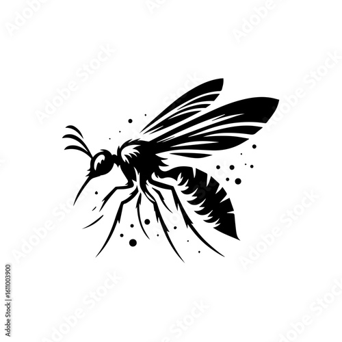 A black silhouette of a mosquito in flight, isolated on white