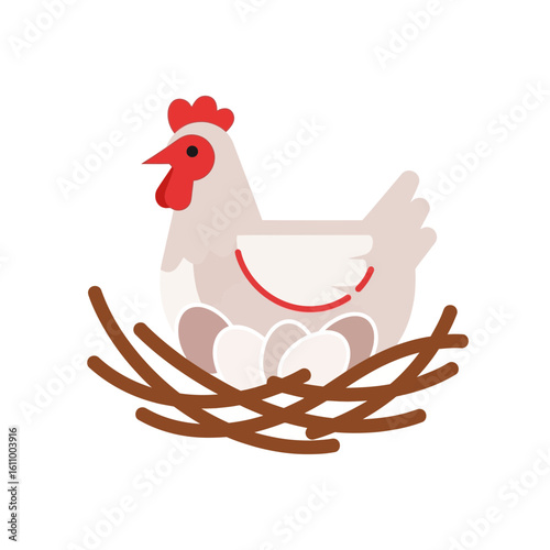 White chicken sitting on a nest with three eggs simple vector illustration.