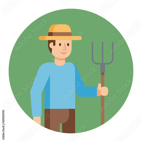 Illustration of a farmer wearing a hat holding a pitchfork on green.