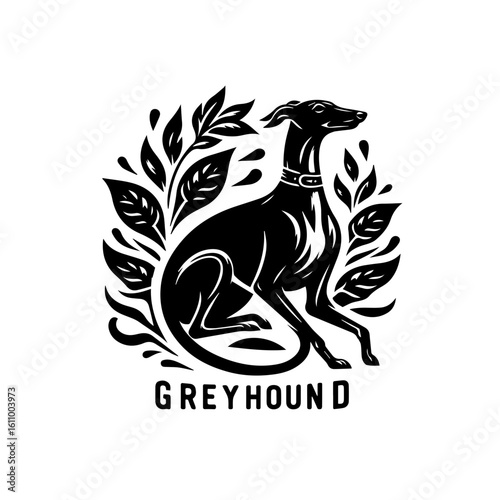 A stylized illustration of a greyhound with foliage