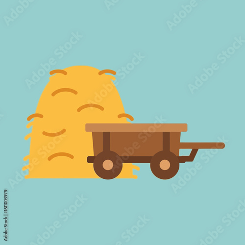 Haystack and wooden cart illustration on a light blue background.