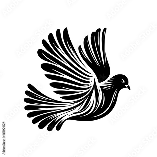 A black silhouette of a dove flying with its wings spread
