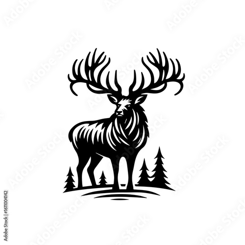 Majestic stag with large antlers stands proudly in a forest