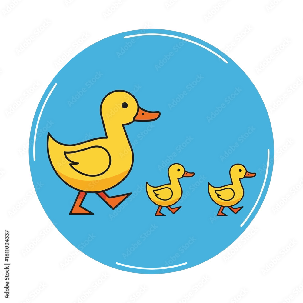 Illustration of a yellow duck followed by two ducklings on a blue circle. Illustration of a yellow duck followed by two ducklings on a blue circle.