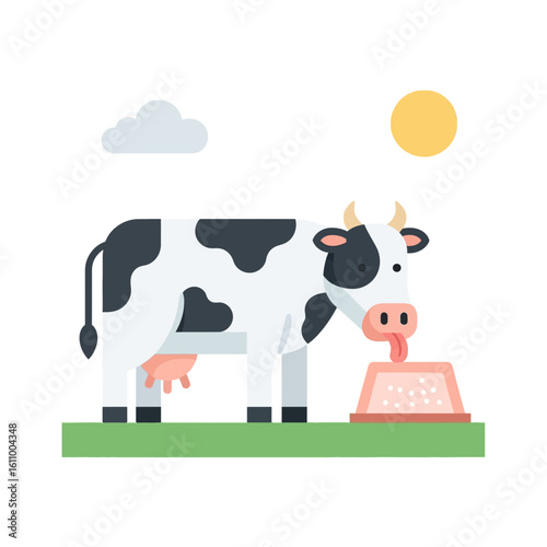 A black and white cow eats from a trough in a sunny field.
