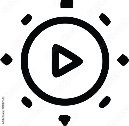 Simple hand drawn black play button icon within a circle surrounded by radiating dots representing broadcast or media playback