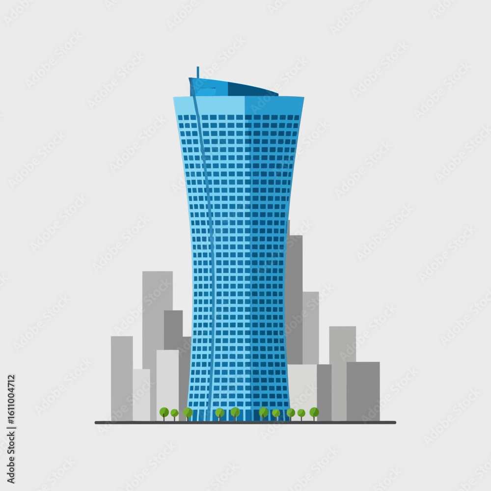 Fototapeta premium Blue skyscraper building with gray buildings on a white background.