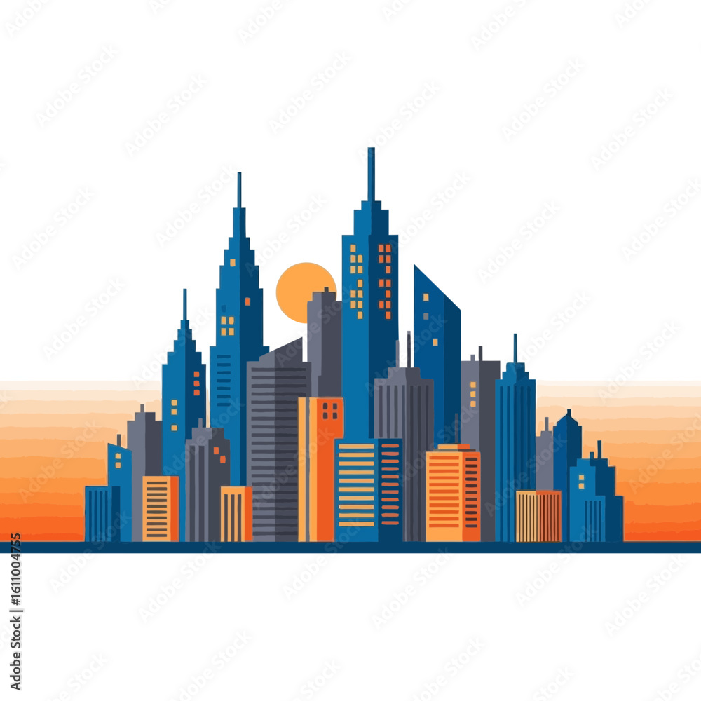 Naklejka premium Cityscape illustration with skyscrapers and sun against a gradient background.