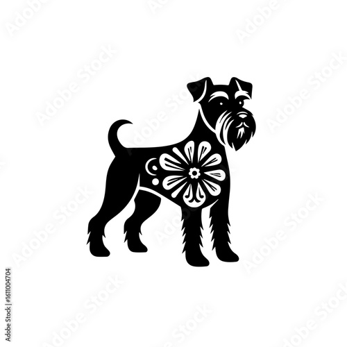 A stylized schnauzer dog with a floral pattern on its body