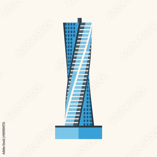 Illustration of a tall twisted skyscraper with blue glass windows and base.