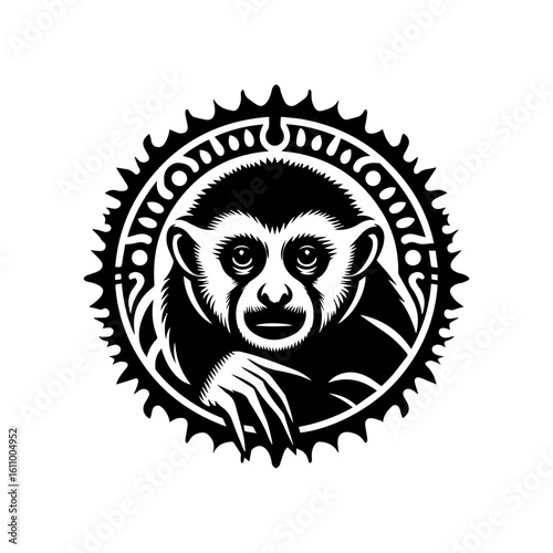 A stylized illustration of a gibbons face within a circular frame