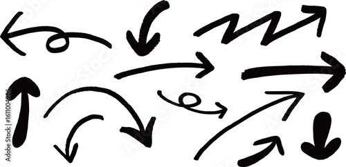 A set of handwriting curving arrows, vector illustration isolated on a transparent background.