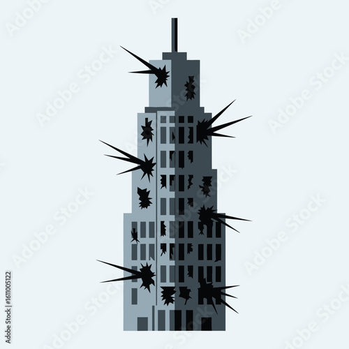 Tall building with dark spikes protruding from its sides against a light background.