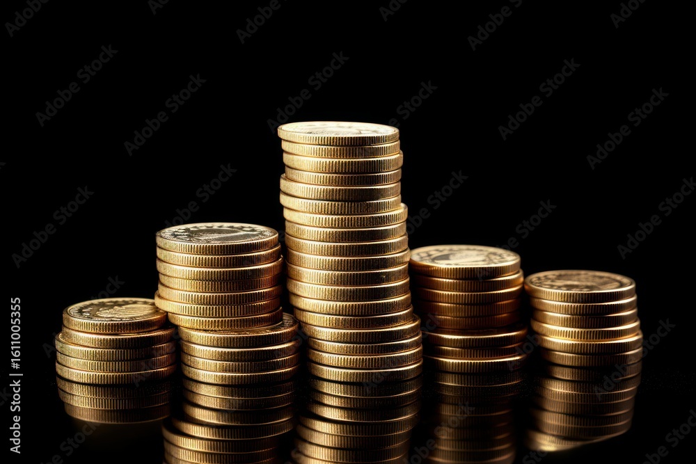Gold coins stacked in increasing piles symbolizing growing investment, profit, wealth, and financial success Gold coins stacked in increasing piles symbolizing growing investment, profit, wealth, and financial success