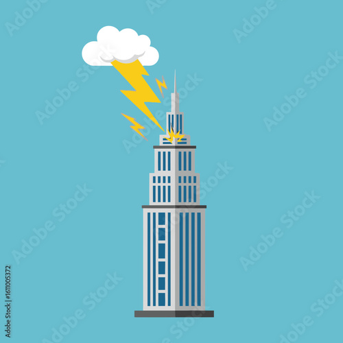 Skyscraper struck by lightning cloud on blue background illustration.