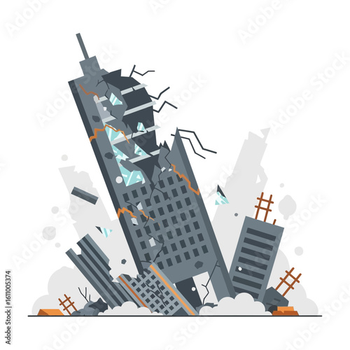 Collapsed building illustration with rubble debris and damaged structure on white background.