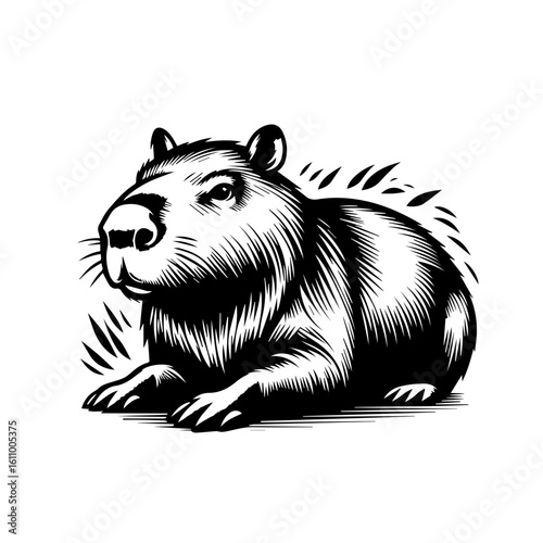 A stylized capybara resting on grassy ground