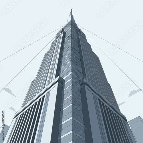 Tall skyscraper building with sharp point against a light blue sky background.