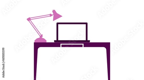animated illustration of Desk, laptop, coffee and table lamp to start working with wifi connection