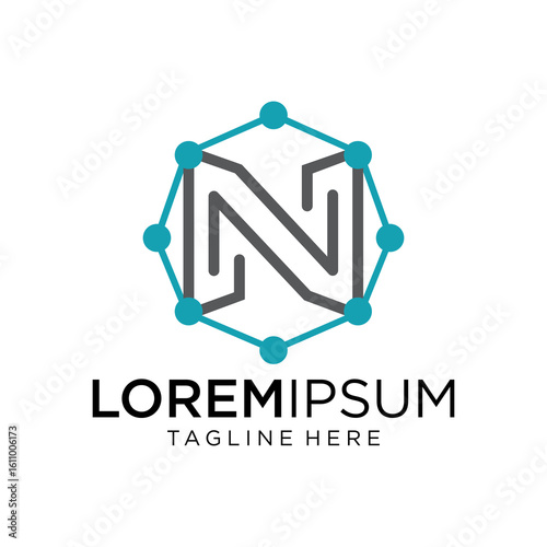 The N letter is enclosed in a hexagon connected with nodes, resembling molecular or digital networks