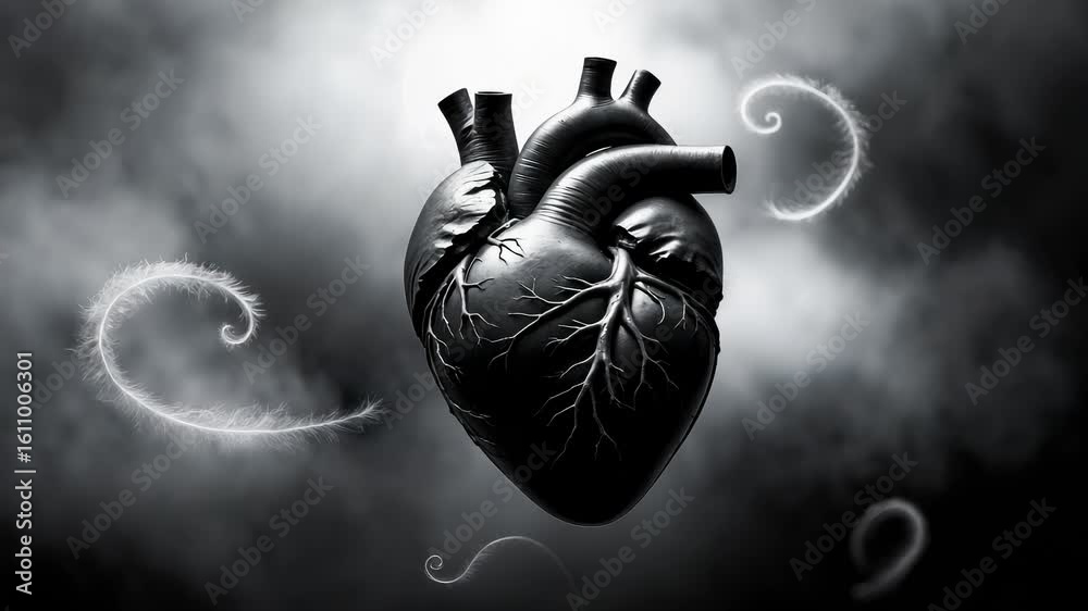 Black Heart With White Feathery Spirals and Smoke