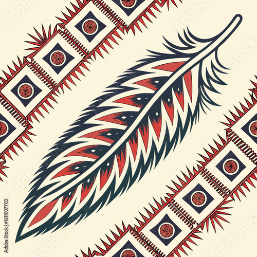 Vector seamless pattern based on traditional Central Asian Ikat textile with elongated diamond and chevron motifs soft blurry edges to emulate hand-dye weaving bold color palette of deep red navy 