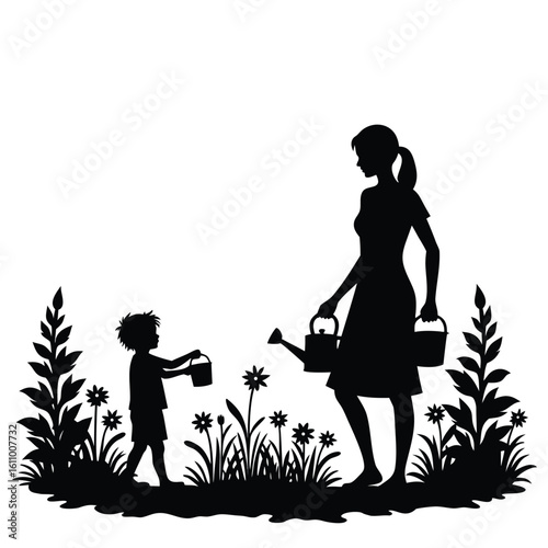 Mother and child watering plants in a garden silhouette watering can