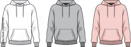 CAD drawing flat vector illustration of three hoodies, front pocket style, drawstring design details, cozy fashion layout, casual wear garment sketch, stylish streetwear apparel template