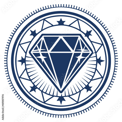 Vector emblem design of a stylized blue diamond set inside a clean circular or shield-shaped badge radiant geometric facets with sapphire and ice-blue gradients bold symmetry flat modern style