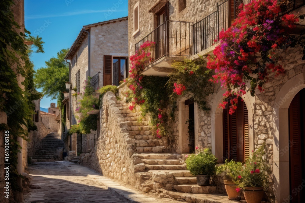 Naklejka premium Picturesque stone street adorned with vibrant flowers and rustic charm