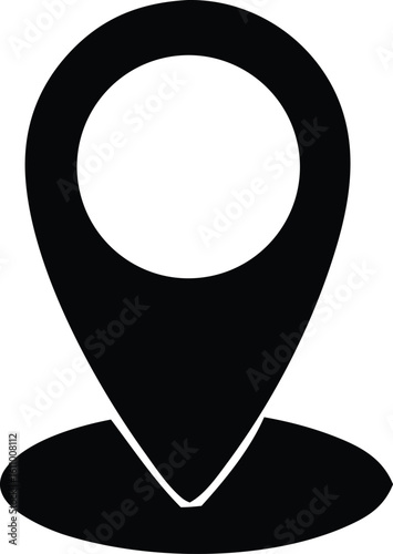 A stark black silhouette of a classic map pin marker icon symbolizing location navigation and finding places