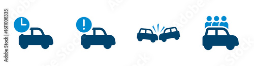 Car icons for travel time, delay, traffic accident, people. Solid vector icon.