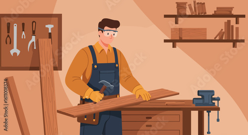 Flat Vector of a Carpenter Working at a Workbench in a Cozy Workshop
